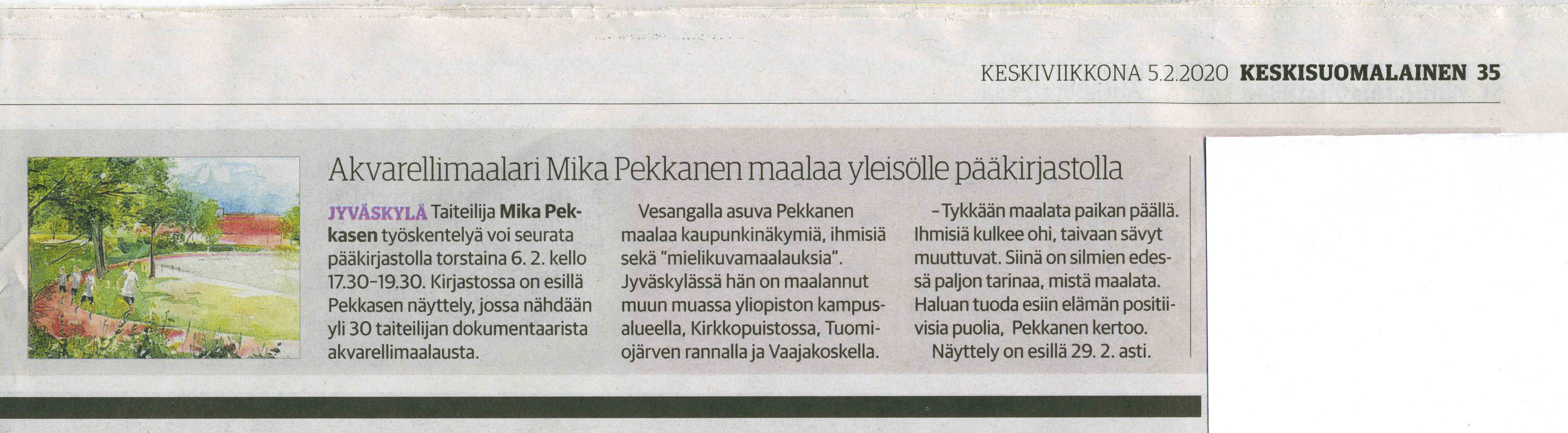 Keskisuomalaisessa 5.2.2020 Infoa live-maalauksesta ja näyttelystä Jyväskylän pääkirjastolla