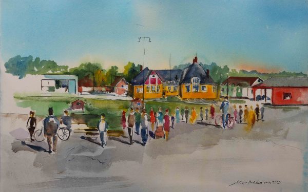 akvarellimaalaus vanha linja-autoasema ja tori Jyväskylä